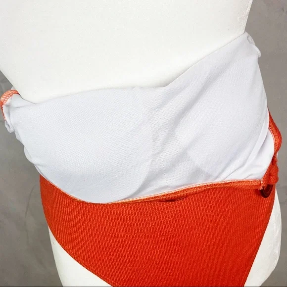 Orange one piece one shoulder knit ribbed swimsuit belted ring faux turtle - Picture 3 of 5